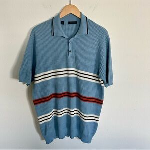 Mens Saks Fifth Ave Short Sleeve Knit Polo Woven Striped Italy Large Blue